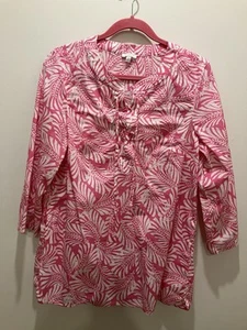 Talbots Size Medium 100% Cotton Pink And White Print 3/4 Sleeve Shirt - Picture 1 of 6