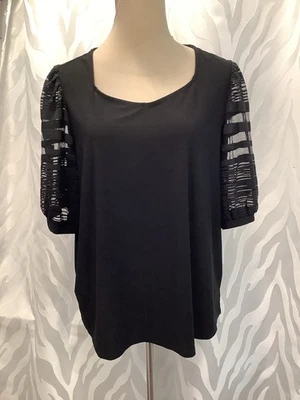 89th + Madison Plus Size Black Sheer 3/4 Puff Sleeve Stretch Knit Blouse Size 1X - Image 1 of 4