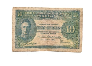 10 CENTS  VG  BANKNOTE FROM  BRITISH  MALAYA   1941   PICK-8 - Picture 1 of 2