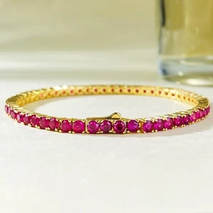 Lab Grown Ruby Full Pave Bracelet, Fashionable OL Style, 18K Gold Vermeil - Picture 1 of 6