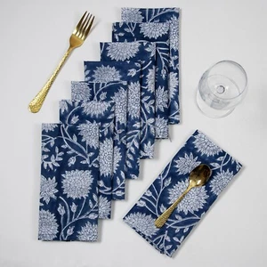 Blue Floral Mud Resist Organic Reusable Block Print Napkin Soft Cotton - Bild 1 von 6