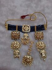 Indian Bollywood Women Blue Pearl Kundan Square Choker Necklace Earrings Jewelry