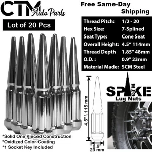 20Pc 4.5" TALL CHROME 1/2-20 SPLINE SPIKE LUG NUT+KEY FIT CHEVY CADILLAC BUICK - Picture 1 of 2
