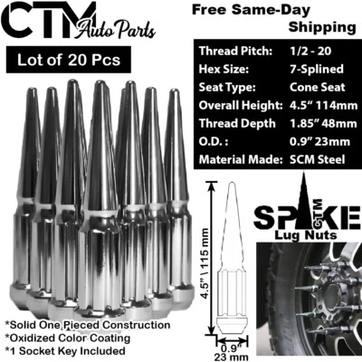 20 peças 4,5" CROMO ALTO 1/2-20 SPLINE SPIKE LUG NUT + CHAVE FIT CHEVY CADILLAC BUICK - Imagem 1 de 2