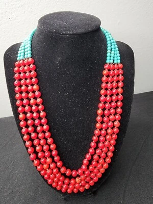 Collar Babero Nakamol Anthropologie 4 Hilos Turquesa y Coral Rojo Foto 1 de 3
