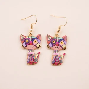 Cute Colourful Artistic Cat Quirky Art Fun Hook Dangle Earrings Novelty Gift - Picture 1 of 1