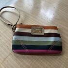 Coach Womens Striped Canvas Zip Top Wristlet Wallet Pink Lined