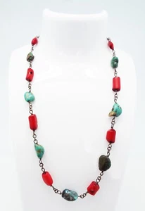 VTG 18 in STERLING SILVER BLUE GREEN TURQUOISE NUGGET & RED CORAL LINK NECKLACE - Imagen 1 de 7