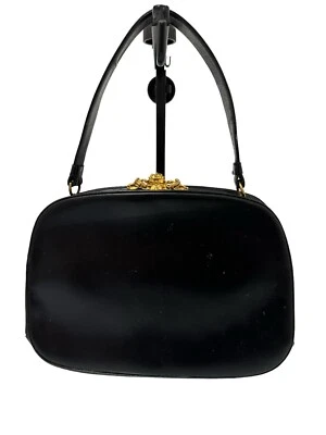 Vintage 1950's Hard Side Black Leather Handbag w/ Gold Flower Hardware - Image 1 of 4