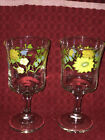 Qty 2 Vintage MCM Libbey Flowers Floral Goblets Solid Glass Stem 6-1/8