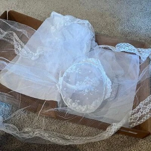 White Communion Veil w/ Headband & Lace Head Covering - Picture 1 of 11