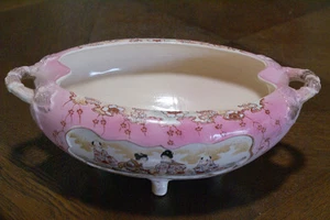 Plato japonés antiguo tazón pintado a mano de cerámica rosa patas rosa nipón - Imagen 1 de 7