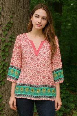 Top túnica estampado boho Ezra talla pequeña rosa verde geométrico hecho en EE. UU. Indie  Foto 1 de 4