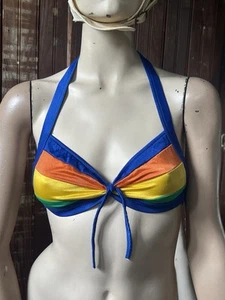 Vintage 70s 80s Bikini Top Striped Colorful Union Made Tie Halter Nylon Spandex - Picture 1 of 9