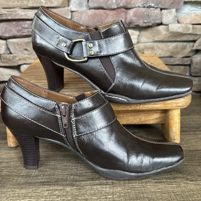 Zapatos de salón de mujer con hebilla marrón imitación cuero lateral elástico/pieza cuadrada 7,5 M Foto 1 de 4