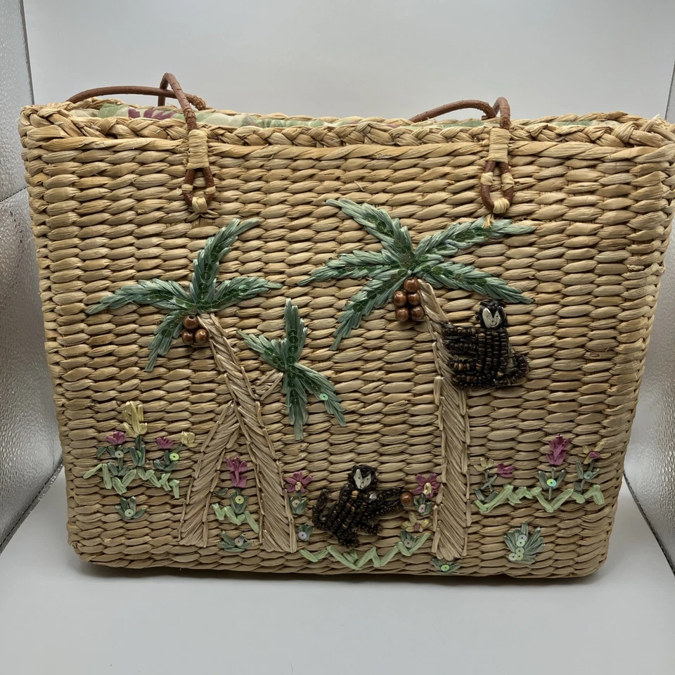 Vintage Cappelli Straworld Inc. Tote, Sequined Monkeys & Palm Trees,  2002 - Image 1 of 4
