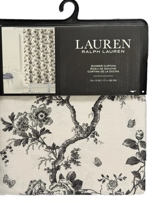 Ralph Lauren Black Off White Toile Floral Branches Cotton Shower Curtain - Image 1 of 3