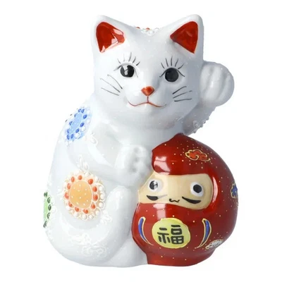 【Kutani Ware】maneki neko Size 5 Daruma Lucky Cat, White Glaze Item No.: op-361 - Image 1 of 4