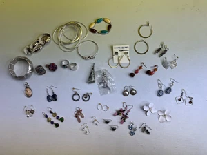 Lot of 33 Costume Jewelry RIngs Earrings Bracelets Silver Tone Pendant - Picture 1 of 11