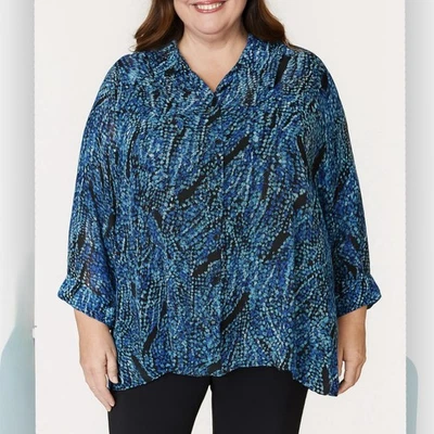 Blusa Maggie Barnes Azul Colorida Plisada Semi Transparente Manga 3/4 Abotonada 5X Foto 1 de 4