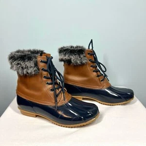 Bass Leather Duckboot Women 7 Harlequin Winter Rubber Navy Faux Fur Rain 110324 - Picture 1 of 8