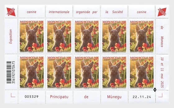 Mónaco 2025 Exposición Canina Berger Picard o Pastor Picardía Canis 10v mnh HOJA COMPLETA Foto 1 de 1