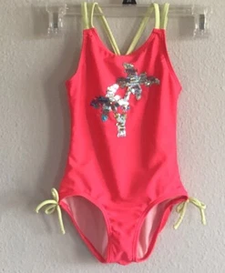 Cat & Jack Girls Sequin Palm Tree Front Pink Full One-Piece Swimsuit - 4/5 - Picture 1 of 4