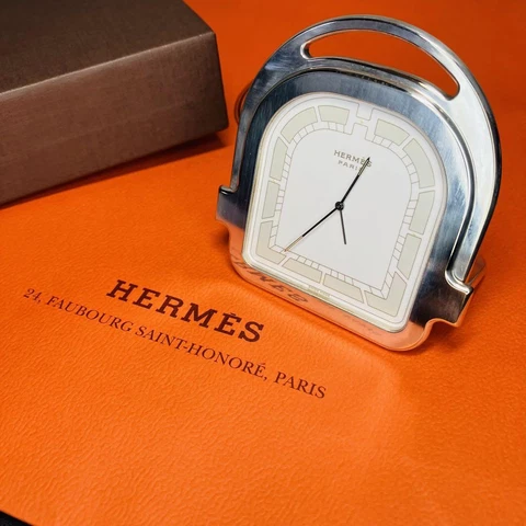 Hermes Travel Clock Table Clock Horseshoe Motif Movable White Dial silver Cover
