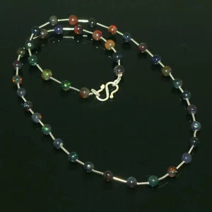 925 Sterling Silver Exclusive Black Fire Shaded Opal Beads Strand Necklace 258 - Picture 1 of 8