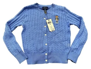 Polo Ralph Lauren Girls Polo Bear Mini Cable Knit Cardigan Blue Sz Small (7) - Picture 1 of 5