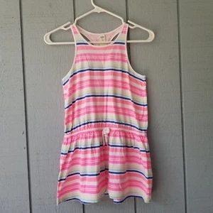 Oshkosh Summer Tank Dress Girls 12 Pink White Striped Racerback Drop Waist - Picture 1 of 12