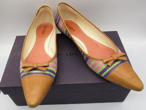 PRADA pink/ camel leather & striped monogram fabric pointy toe ballet flat 40