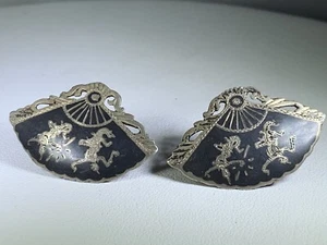 VINTAGE SIAM STERLING SILVER NIELLO ENAMELED SCREW-ON EARRINGS MEKHALA - Picture 1 of 4