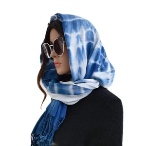 Tie Dye Indigo Cotton Scarf, Hand Dyed Shibori Shawl Wrap with Fringe, 37''x78'' - Picture 1 of 15