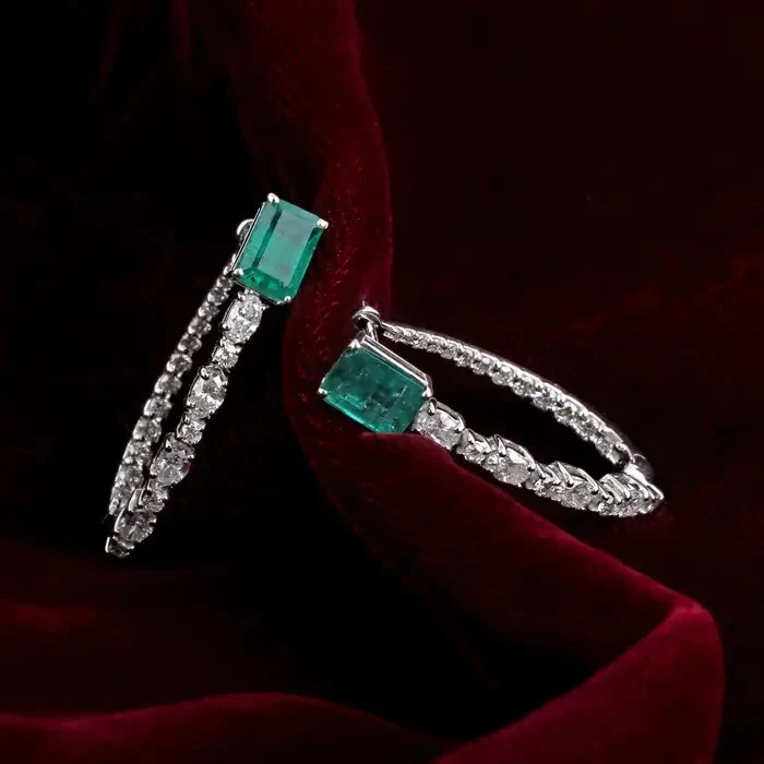 Vivid Green Emeralds & Simulated White Sapphires Premium Hoop 935 Silver Earring - Image 1 of 4