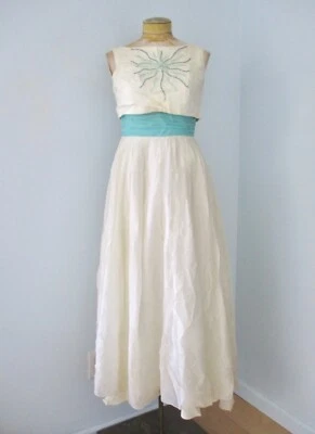 De colección Años 50 Blanco Azul Gasa Vestido de Noche Baile de graduación Vestido Starburst Cuentas Tul Jr 7 Foto 1 de 4