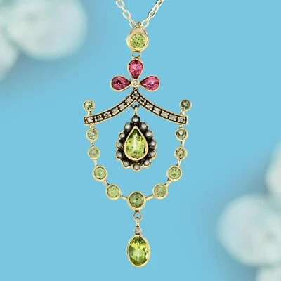 14K Gold Natural Peridot Pink Tourmaline and Pearl Diamond Vintage Style Pendant - Image 1 of 4
