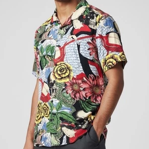 Brave Soul London Men's Geisha Skull Floral Short Sleeve Button Up Shirt Large - Picture 1 of 5