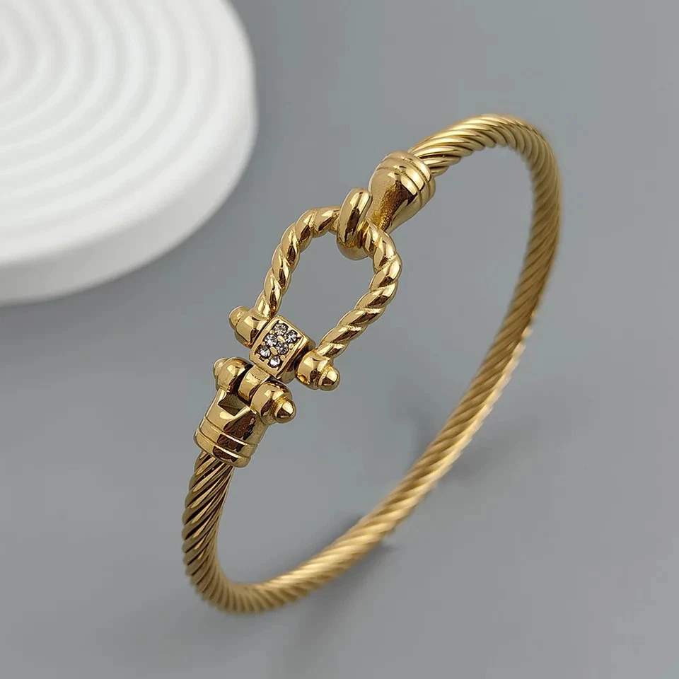 Gold Plated Horseshoe Bracelet 18K Stainless Steel Wire Button Cuff Men Jewelry - Image 1 of 4