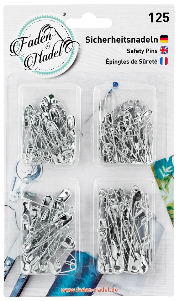 125 Sicherheitsnadeln, Silber, 4 verschiedene Größen, als Set sortiert - Bild 1 von 1