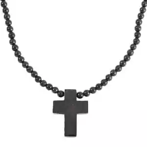 220.0ctw Shungite Beaded 20" Cross Necklace Rhodium Plated - Picture 1 of 6