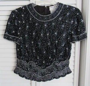 PAPELL BOUTIQUE EVENING VINTAGE BEADED FLOWER SILK BLOUSE SIZE SMALL  PETITE - Picture 1 of 5