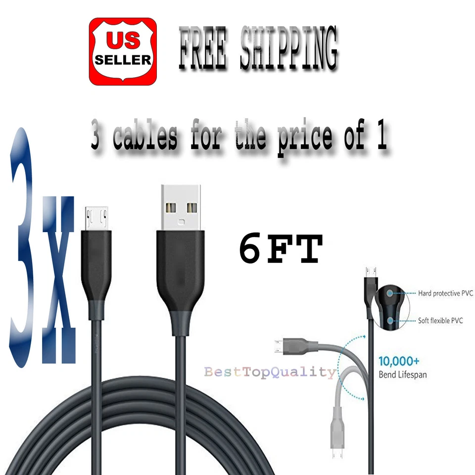 LOTE 3 paquetes de cables de carga micro USB (6 pies) resistentes para Samsung-LG-Blackberry y más Foto 1 de 1