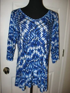 Karen Kane, blau & weiß Batik, Viskose/Elasthan Strick, Tunika, V-Ausschnitt, 3/4 Slv, 0X - Bild 1 von 9