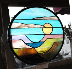 Stained Glass Window Panel landscape mountains hand made round - Picture 1 of 5