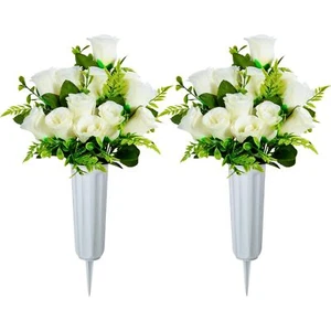 White Artificial Cemetery Flowers Rose Bouquet with Vase 2 Sets Memorial - Picture 1 of 6