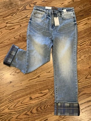 Judy Blue Straight High Waisted Jeans Plaid Cuff Med. Wash Sz 15/32 NWT Stretch! - Image 1 of 4