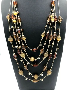 Awesome Statement Necklace Gold Tone Brown Beads 18" Five Strands Nice - Picture 1 of 11