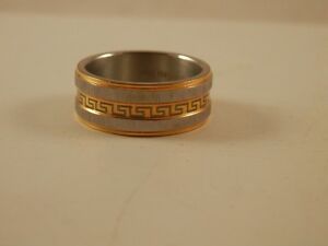Stainless Steel Greek Key Two Tone Band Ring size 7.5 Gold & Silver