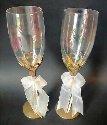 Vtg Champagne Flute Goblet Crystal Glass Wedding Toast Metal Cased Stem Barware • 39.47€